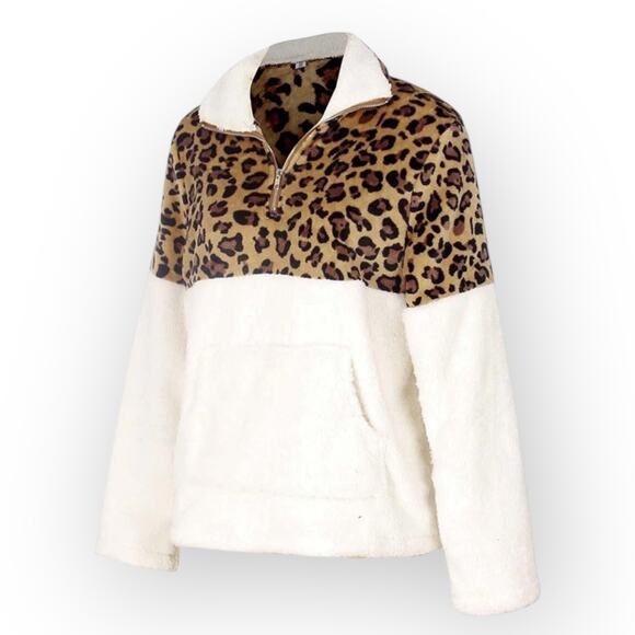 Leopard Print Sherpa Quarter Zip Pullover Hoodie Ivory Fleece Women’s Small - Picture 3 of 9